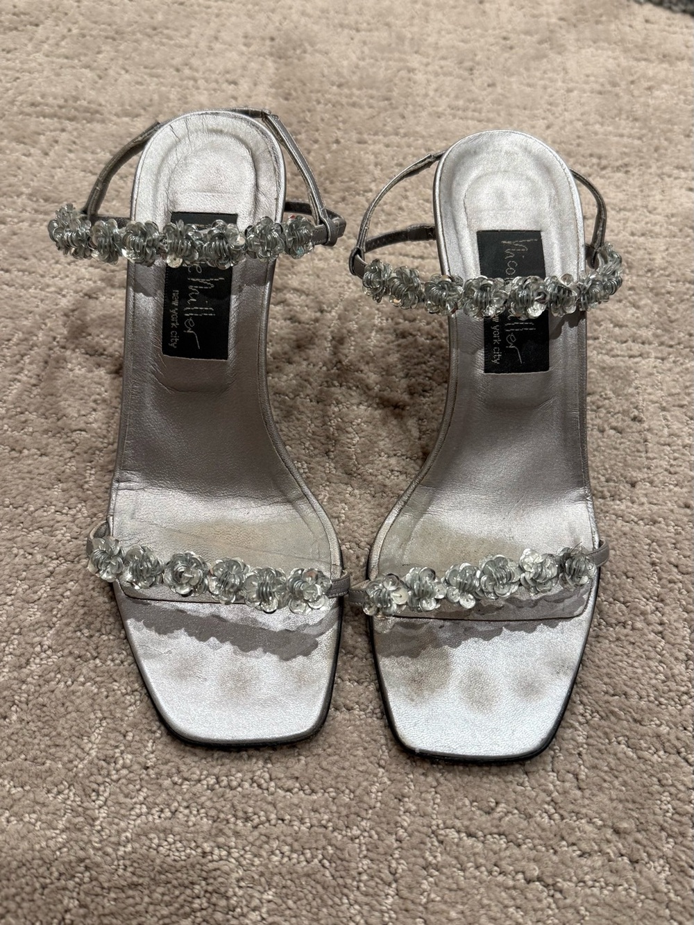 Nicole Miller Silver Floral-Embellished Heeled Sandals
